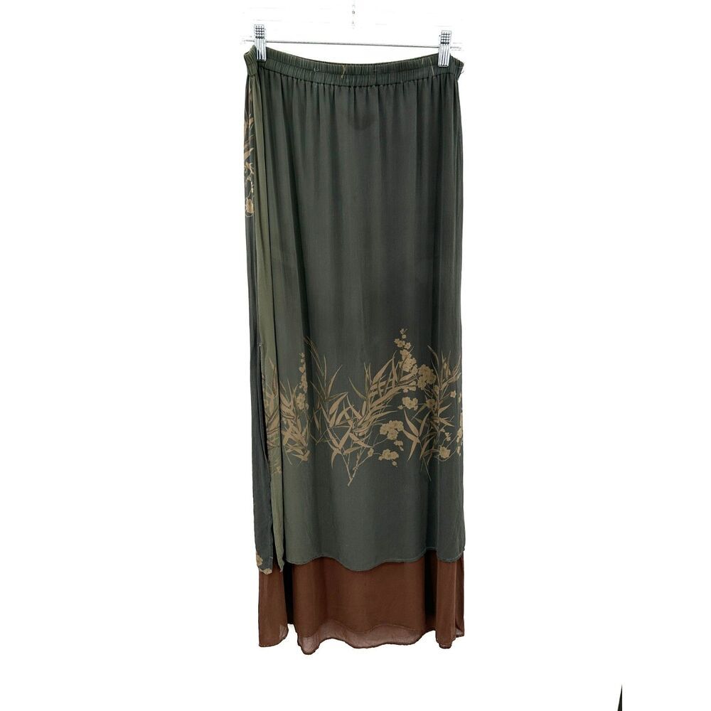 CITRON Santa Monica *Flawed* Green Brown 100% Silk Floral Print Maxi Skirt XL